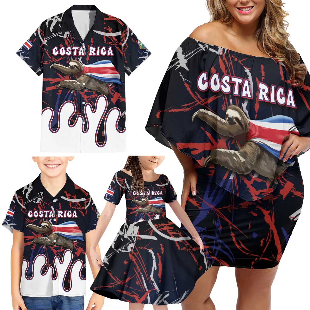 Personalized Costa Rica Family Matching Off Shoulder Short Dress and Hawaiian Shirt Flying Sloth - Wonder Print Shop