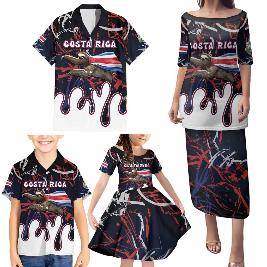 Personalized Costa Rica Family Matching Puletasi and Hawaiian Shirt Flying Sloth - Wonder Print Shop