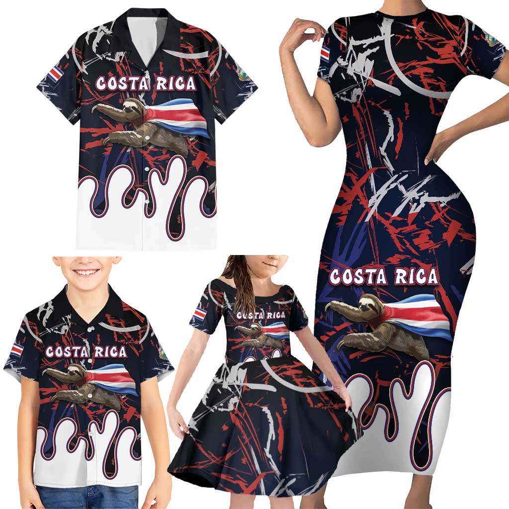 Personalized Costa Rica Family Matching Short Sleeve Bodycon Dress and Hawaiian Shirt Flying Sloth - Wonder Print Shop