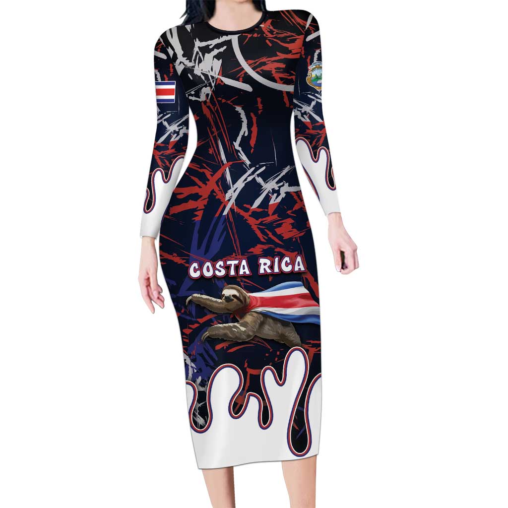 Personalized Costa Rica Long Sleeve Bodycon Dress Flying Sloth - Wonder Print Shop