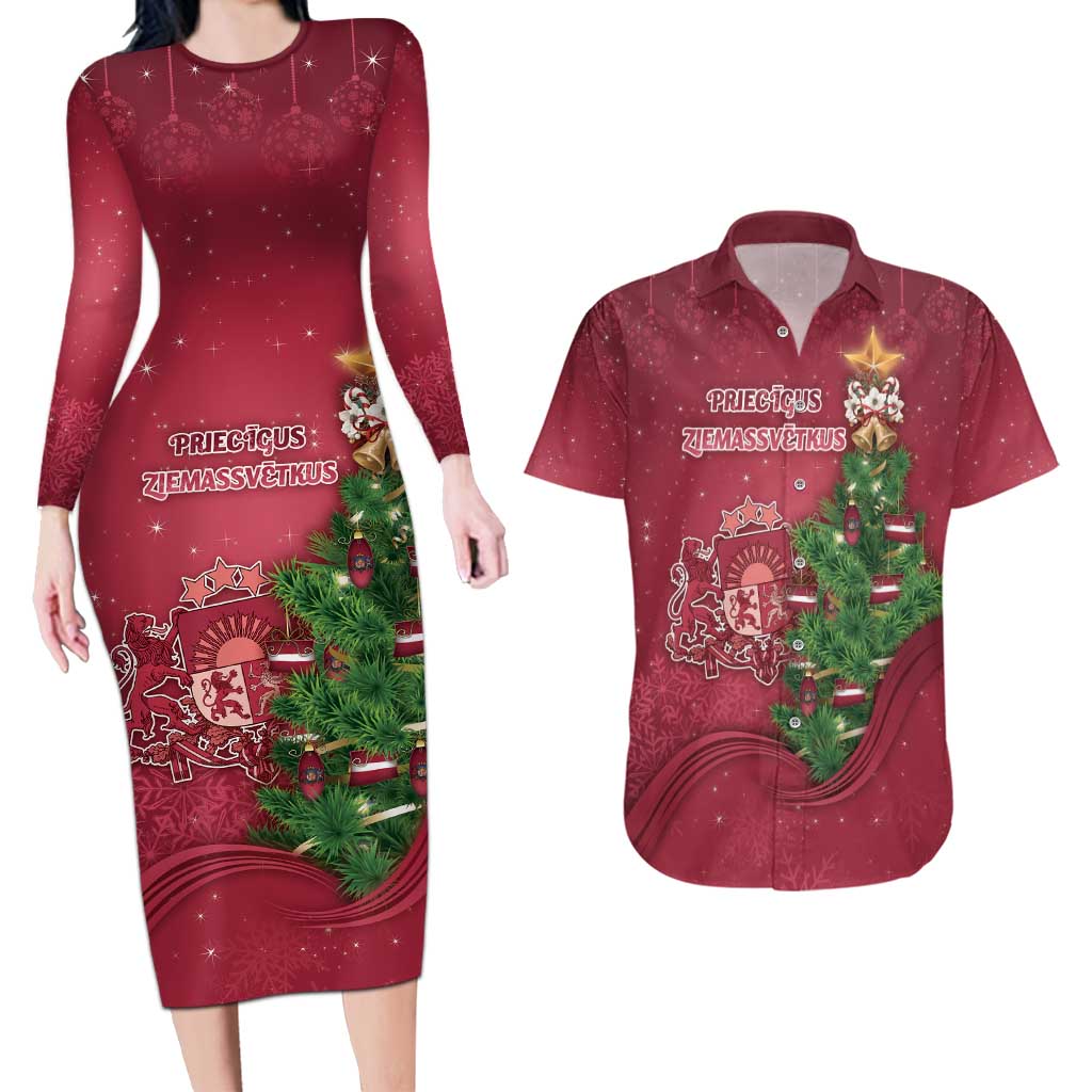 Latvia Christmas Couples Matching Long Sleeve Bodycon Dress and Hawaiian Shirt Xmas Tree Latvija - Wonder Print Shop