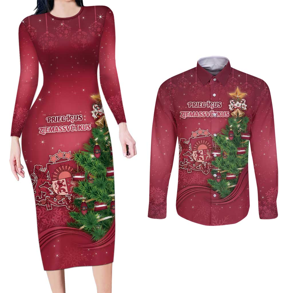 Latvia Christmas Couples Matching Long Sleeve Bodycon Dress and Long Sleeve Button Shirt Xmas Tree Latvija - Wonder Print Shop