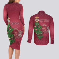 Latvia Christmas Couples Matching Long Sleeve Bodycon Dress and Long Sleeve Button Shirt Xmas Tree Latvija - Wonder Print Shop