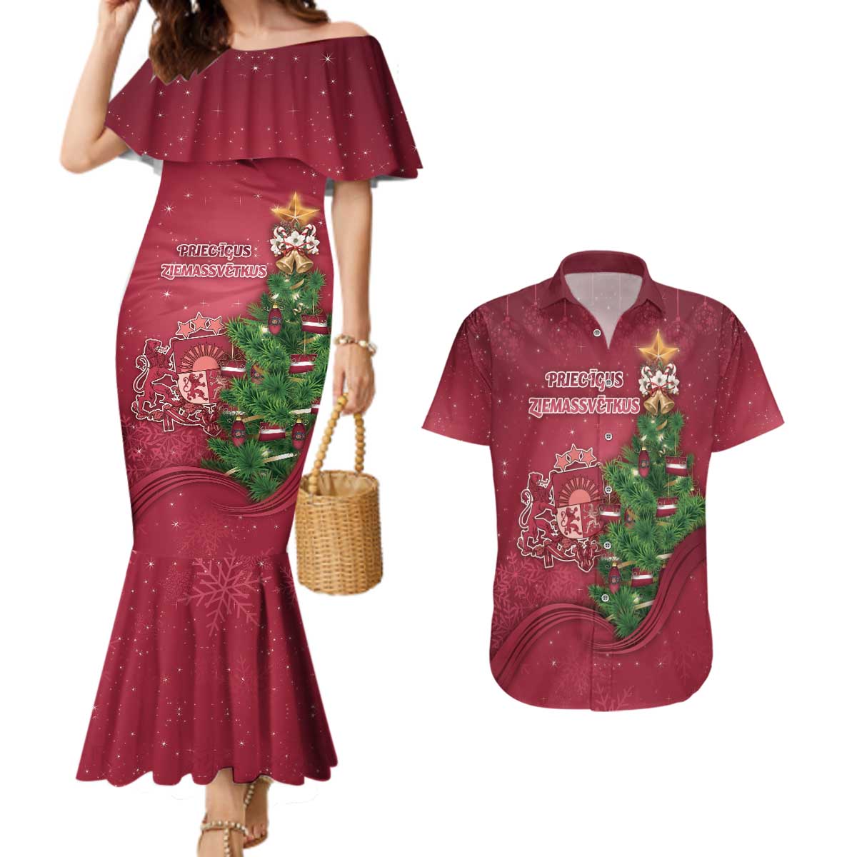 Latvia Christmas Couples Matching Mermaid Dress and Hawaiian Shirt Xmas Tree Latvija - Wonder Print Shop