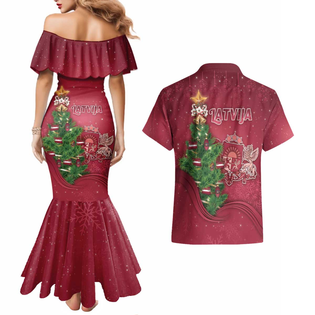 Latvia Christmas Couples Matching Mermaid Dress and Hawaiian Shirt Xmas Tree Latvija - Wonder Print Shop