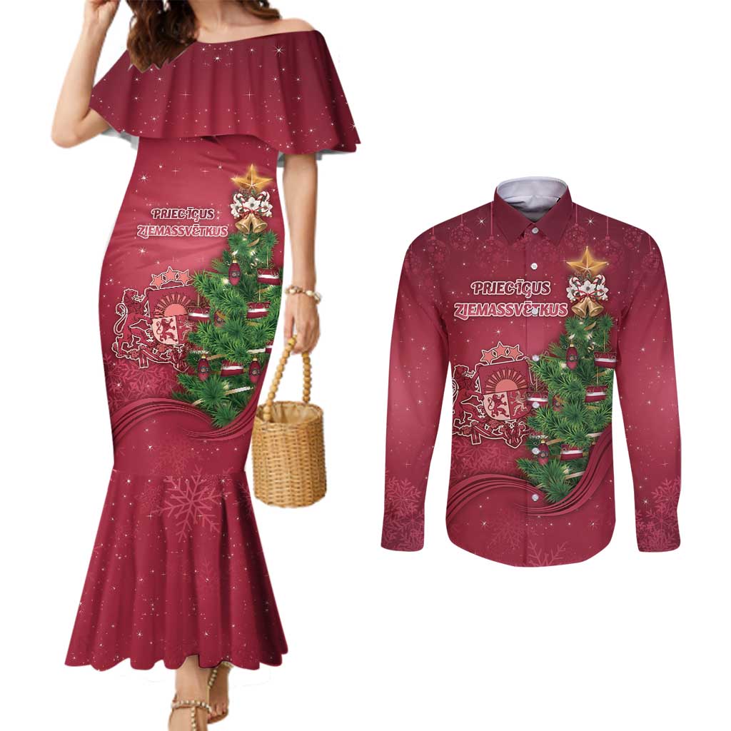 Latvia Christmas Couples Matching Mermaid Dress and Long Sleeve Button Shirt Xmas Tree Latvija - Wonder Print Shop