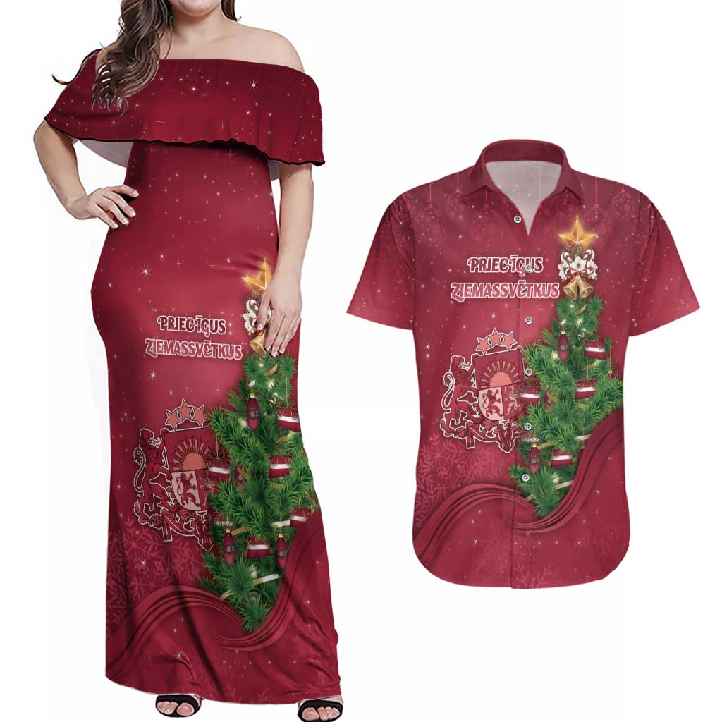 Latvia Christmas Couples Matching Off Shoulder Maxi Dress and Hawaiian Shirt Xmas Tree Latvija - Wonder Print Shop