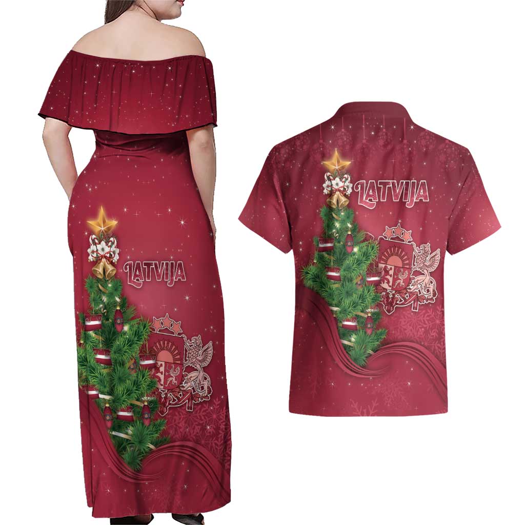 Latvia Christmas Couples Matching Off Shoulder Maxi Dress and Hawaiian Shirt Xmas Tree Latvija - Wonder Print Shop