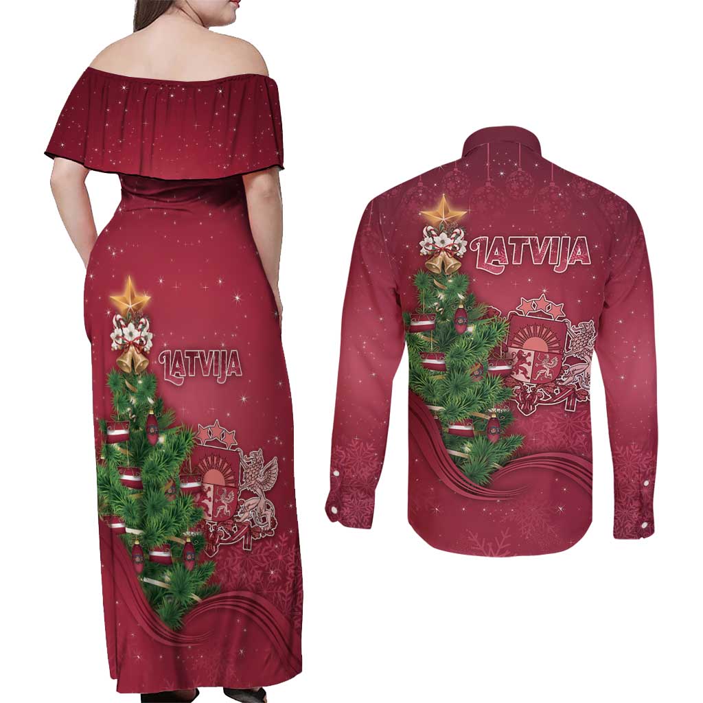 Latvia Christmas Couples Matching Off Shoulder Maxi Dress and Long Sleeve Button Shirt Xmas Tree Latvija - Wonder Print Shop