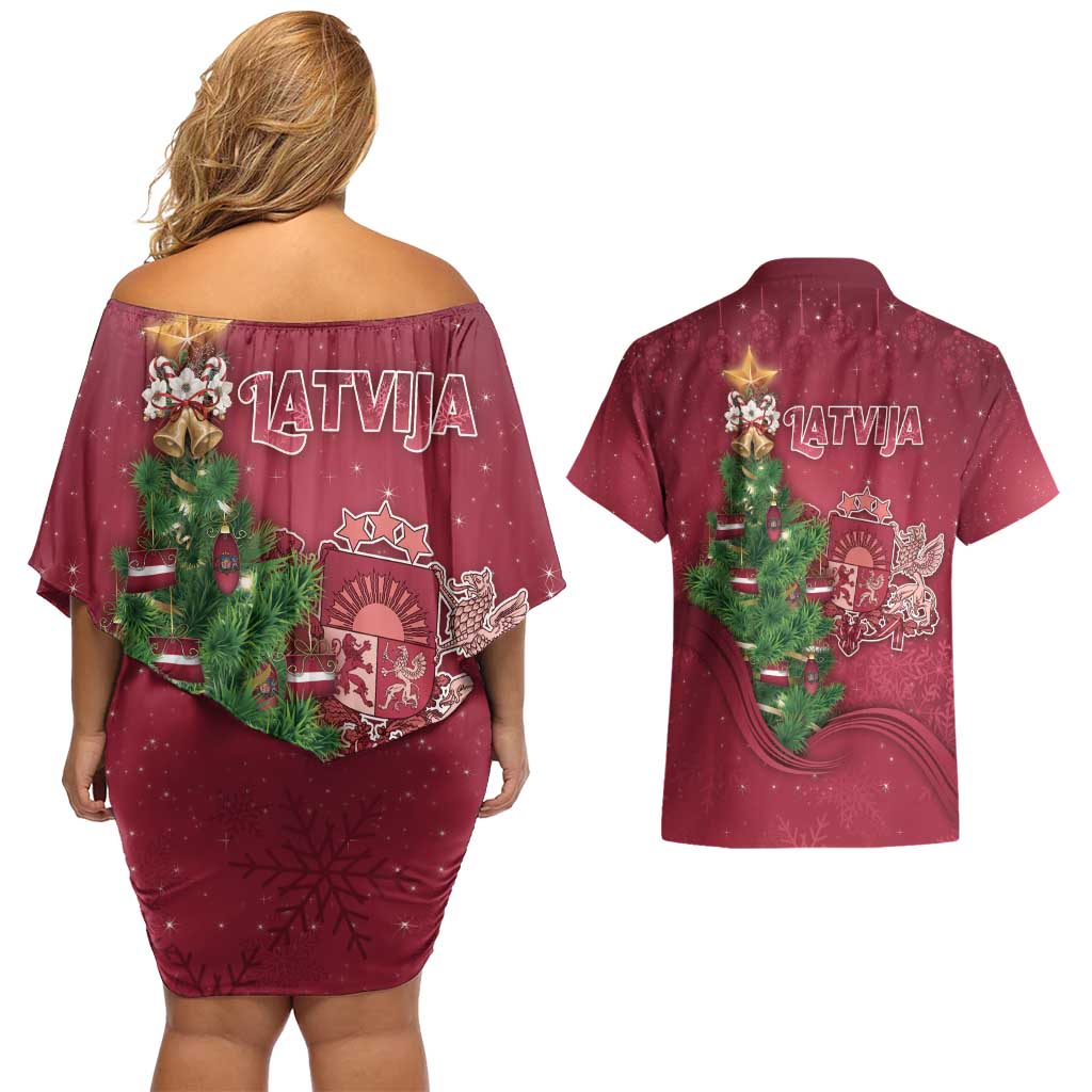 Latvia Christmas Couples Matching Off Shoulder Short Dress and Hawaiian Shirt Xmas Tree Latvija - Wonder Print Shop