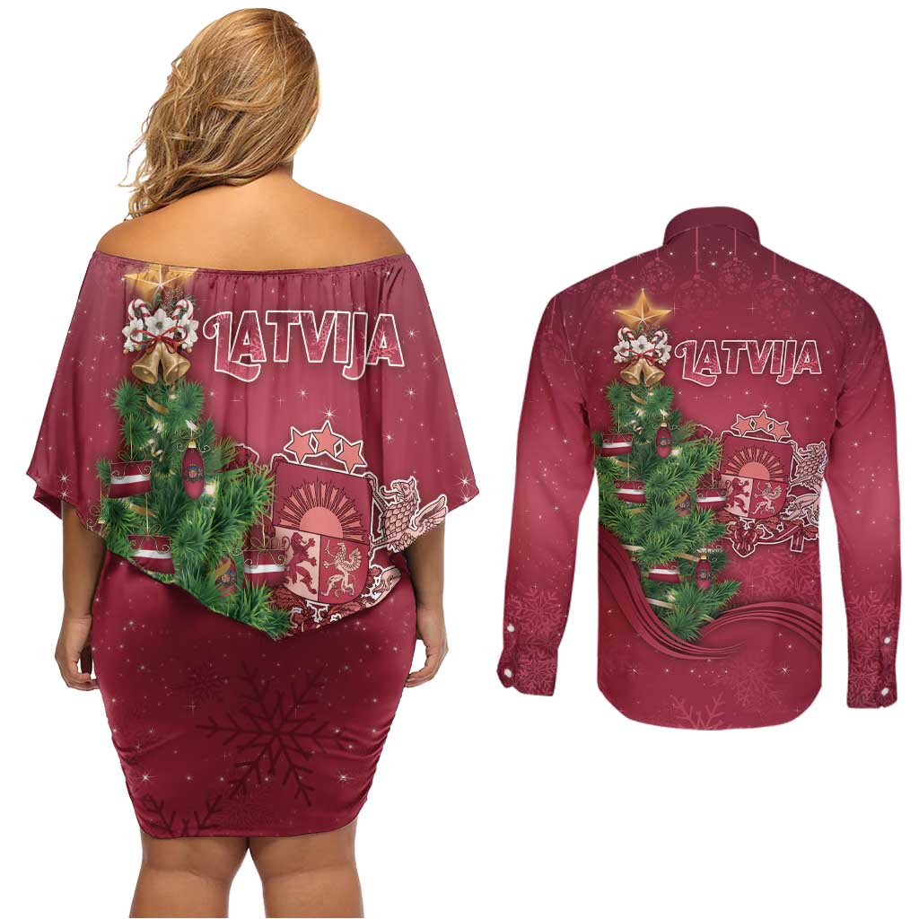 Latvia Christmas Couples Matching Off Shoulder Short Dress and Long Sleeve Button Shirt Xmas Tree Latvija - Wonder Print Shop