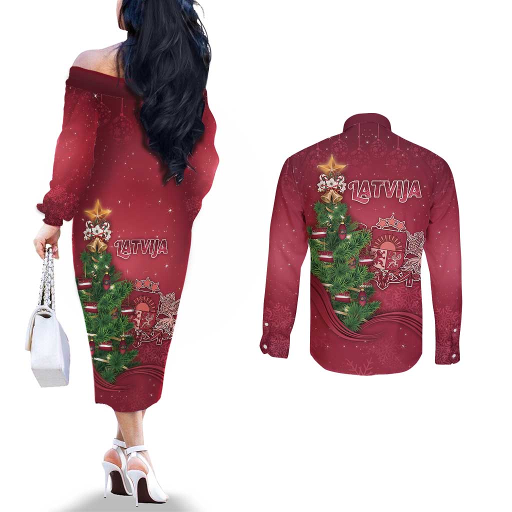 Latvia Christmas Couples Matching Off The Shoulder Long Sleeve Dress and Long Sleeve Button Shirt Xmas Tree Latvija - Wonder Print Shop