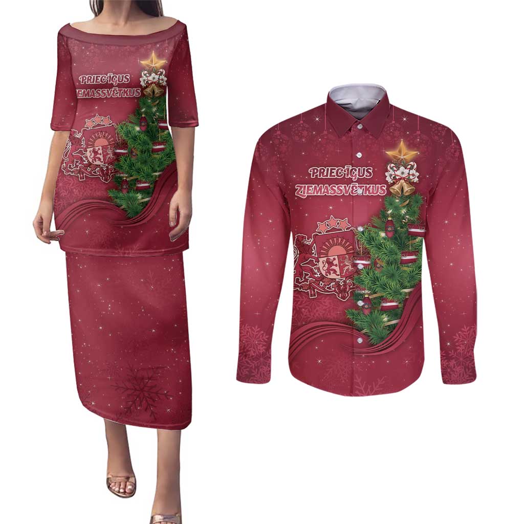 Latvia Christmas Couples Matching Puletasi and Long Sleeve Button Shirt Xmas Tree Latvija - Wonder Print Shop