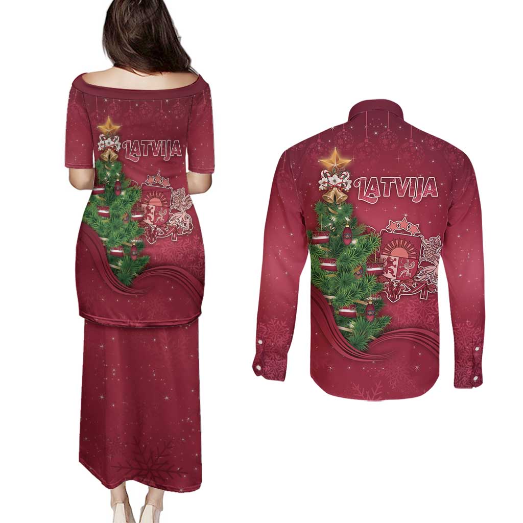 Latvia Christmas Couples Matching Puletasi and Long Sleeve Button Shirt Xmas Tree Latvija - Wonder Print Shop