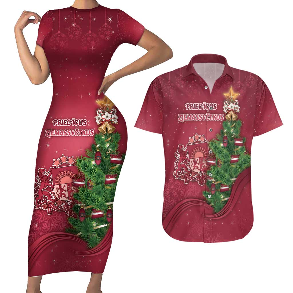 Latvia Christmas Couples Matching Short Sleeve Bodycon Dress and Hawaiian Shirt Xmas Tree Latvija - Wonder Print Shop