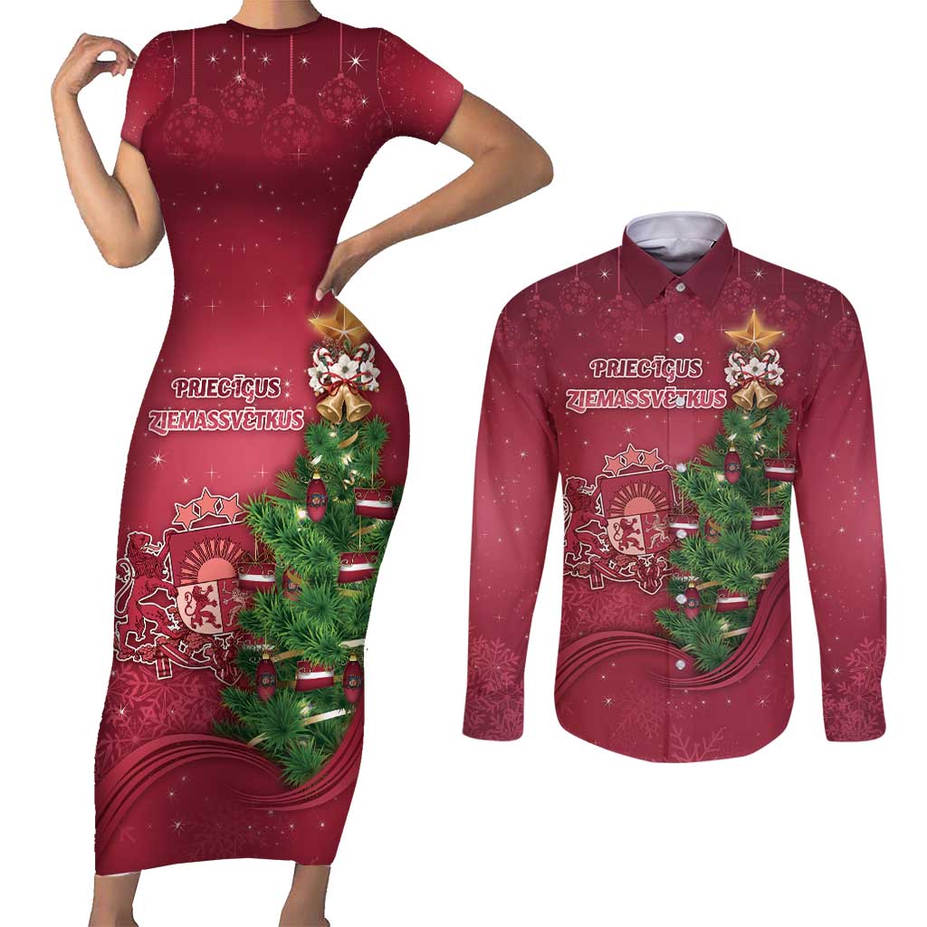 Latvia Christmas Couples Matching Short Sleeve Bodycon Dress and Long Sleeve Button Shirt Xmas Tree Latvija - Wonder Print Shop