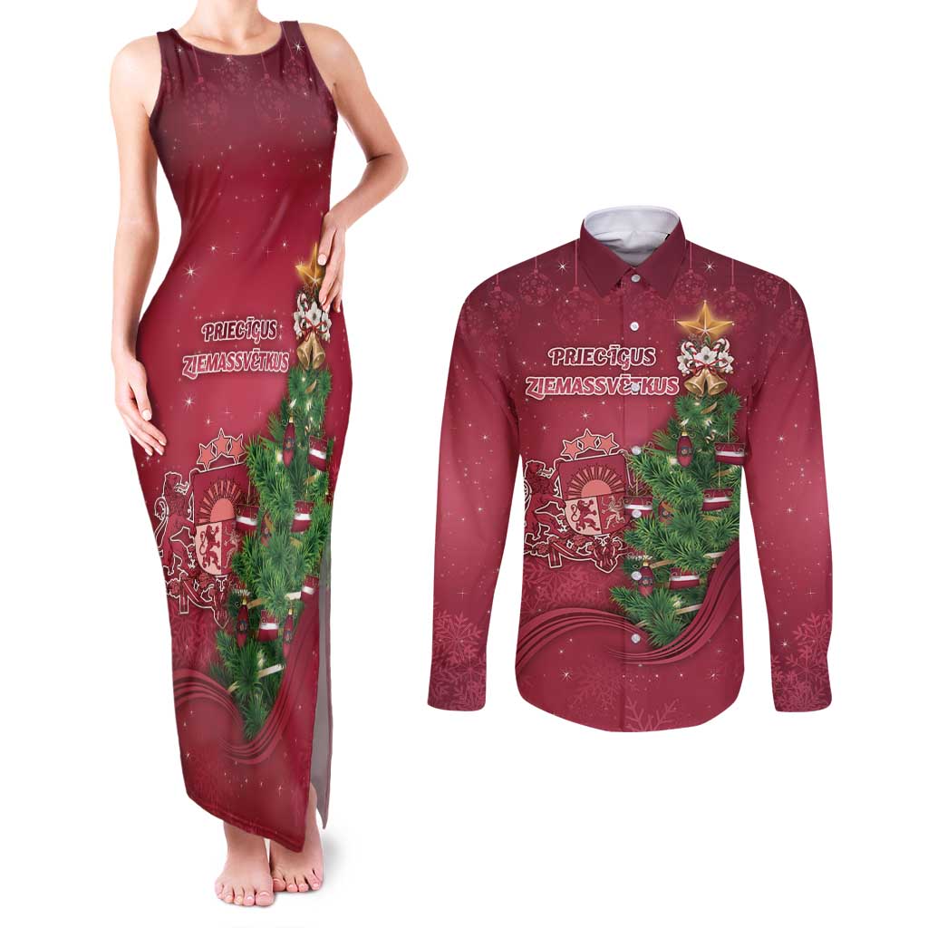 Latvia Christmas Couples Matching Tank Maxi Dress and Long Sleeve Button Shirt Xmas Tree Latvija - Wonder Print Shop