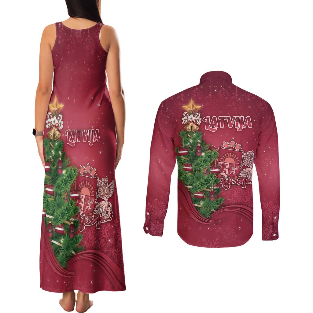 Latvia Christmas Couples Matching Tank Maxi Dress and Long Sleeve Button Shirt Xmas Tree Latvija - Wonder Print Shop