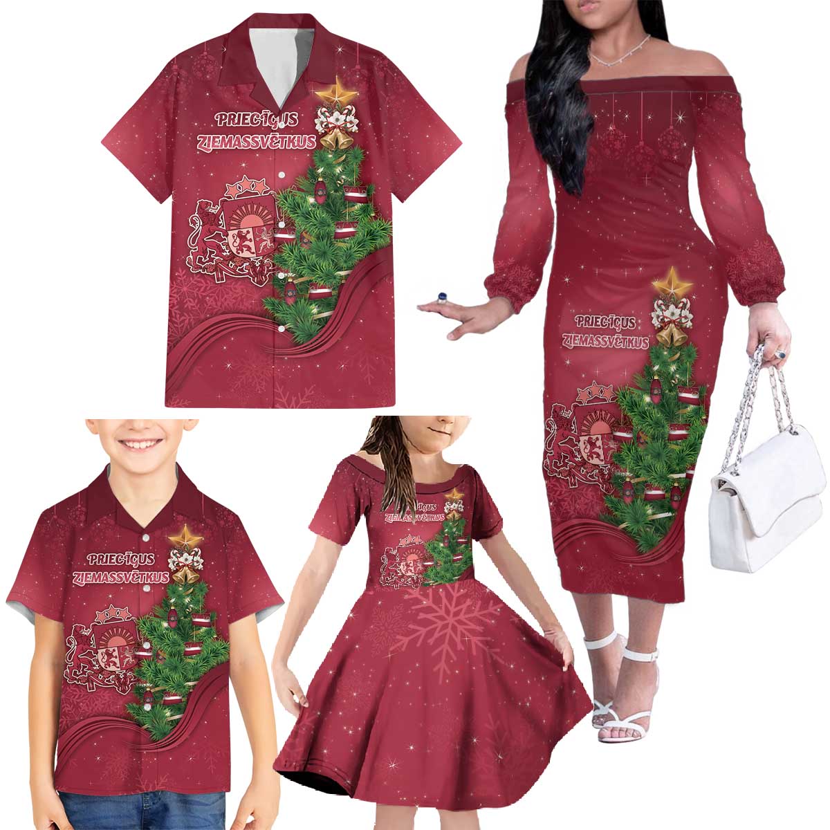 Latvia Christmas Family Matching Off The Shoulder Long Sleeve Dress and Hawaiian Shirt Xmas Tree Latvija - Wonder Print Shop