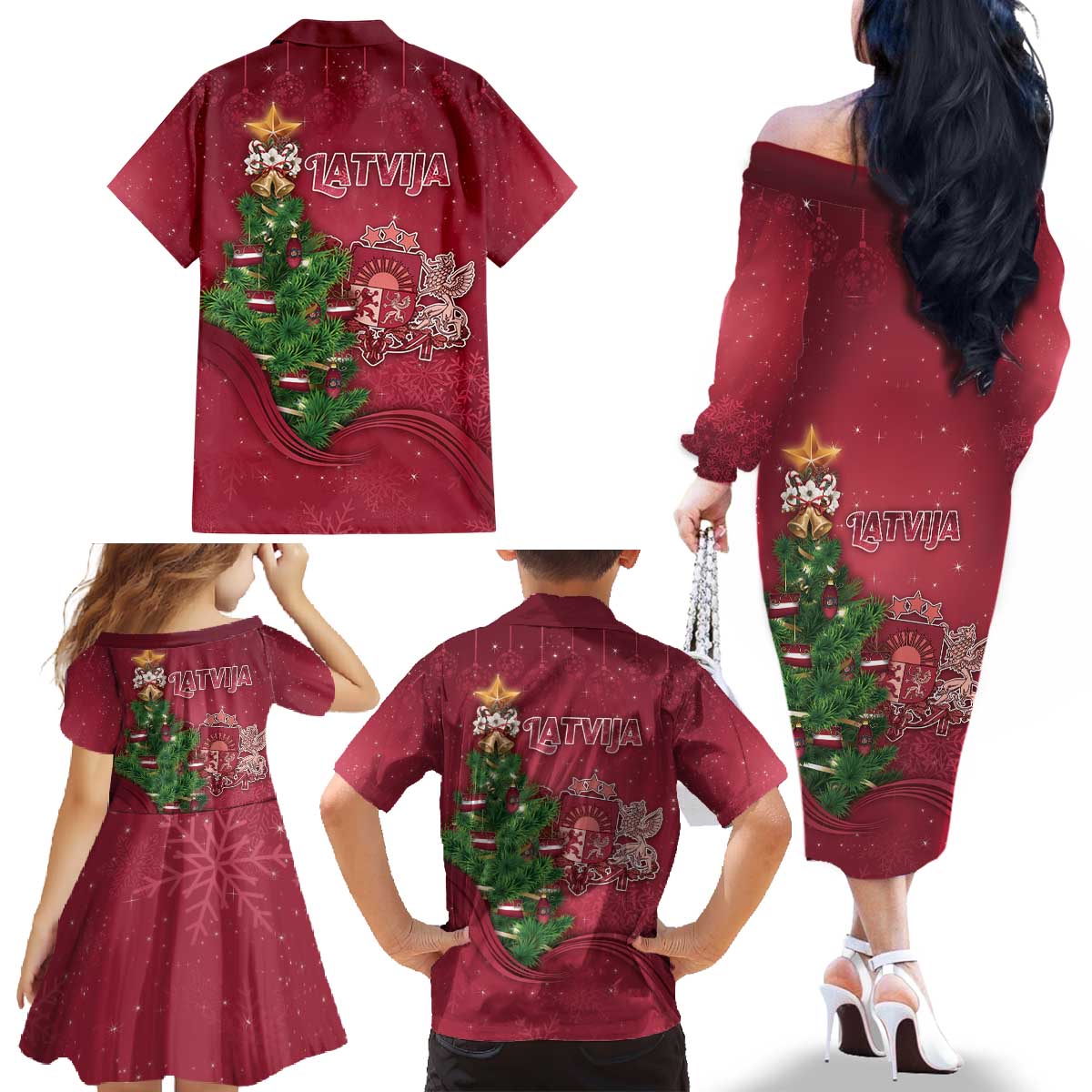 Latvia Christmas Family Matching Off The Shoulder Long Sleeve Dress and Hawaiian Shirt Xmas Tree Latvija - Wonder Print Shop