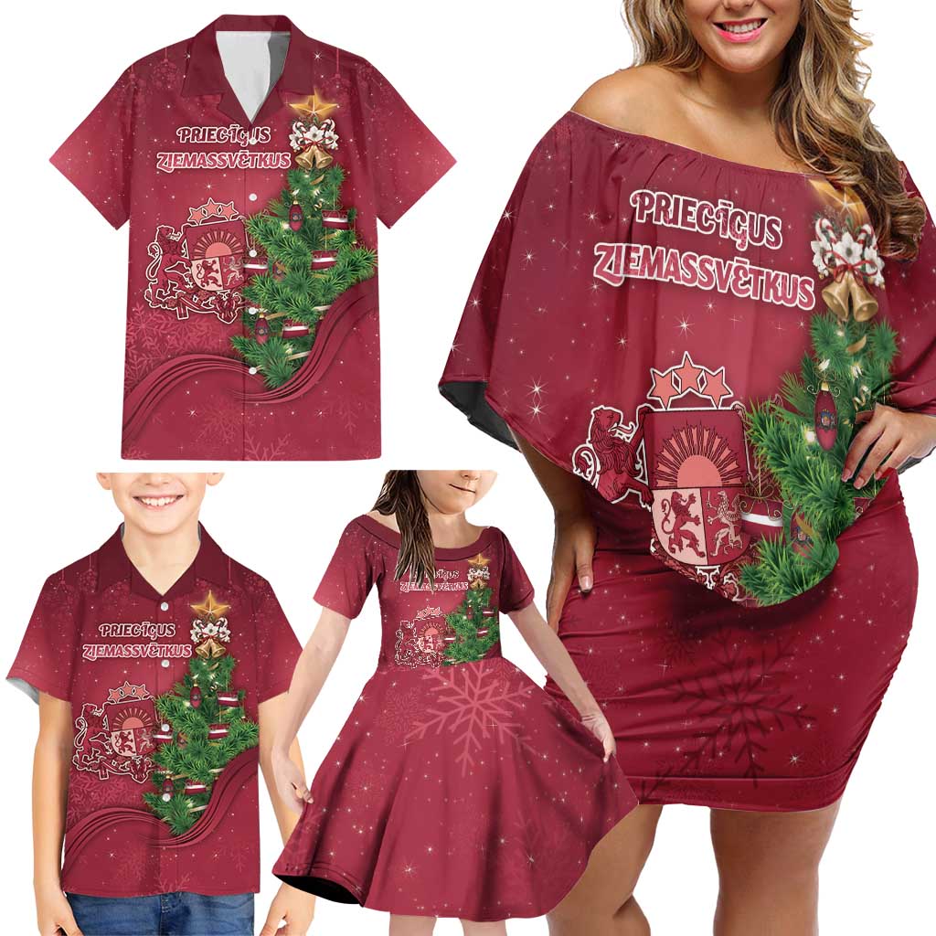 Latvia Christmas Family Matching Off Shoulder Short Dress and Hawaiian Shirt Xmas Tree Latvija - Wonder Print Shop
