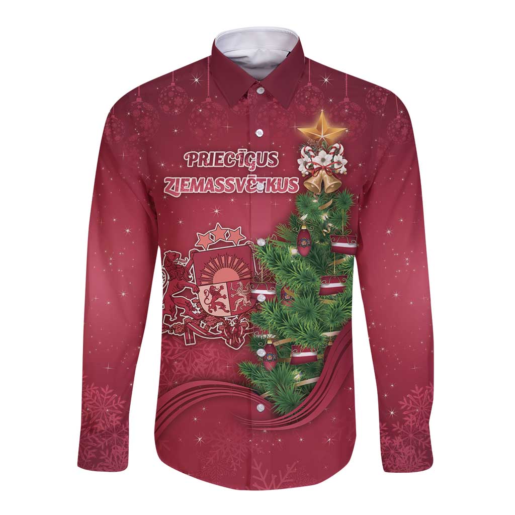 Latvia Christmas Long Sleeve Button Shirt Xmas Tree Latvija - Wonder Print Shop
