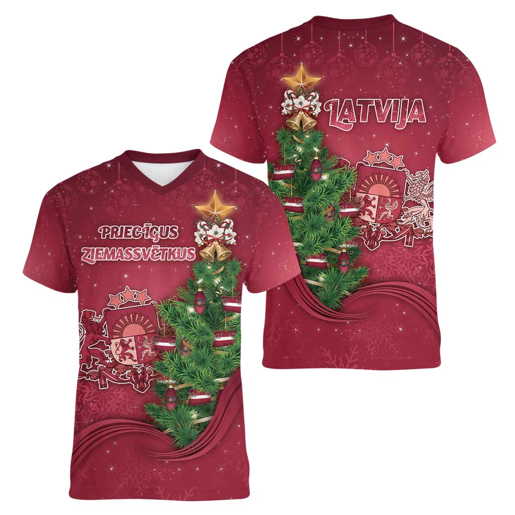 Latvia Christmas Women V-Neck T-Shirt Xmas Tree Latvija - Wonder Print Shop