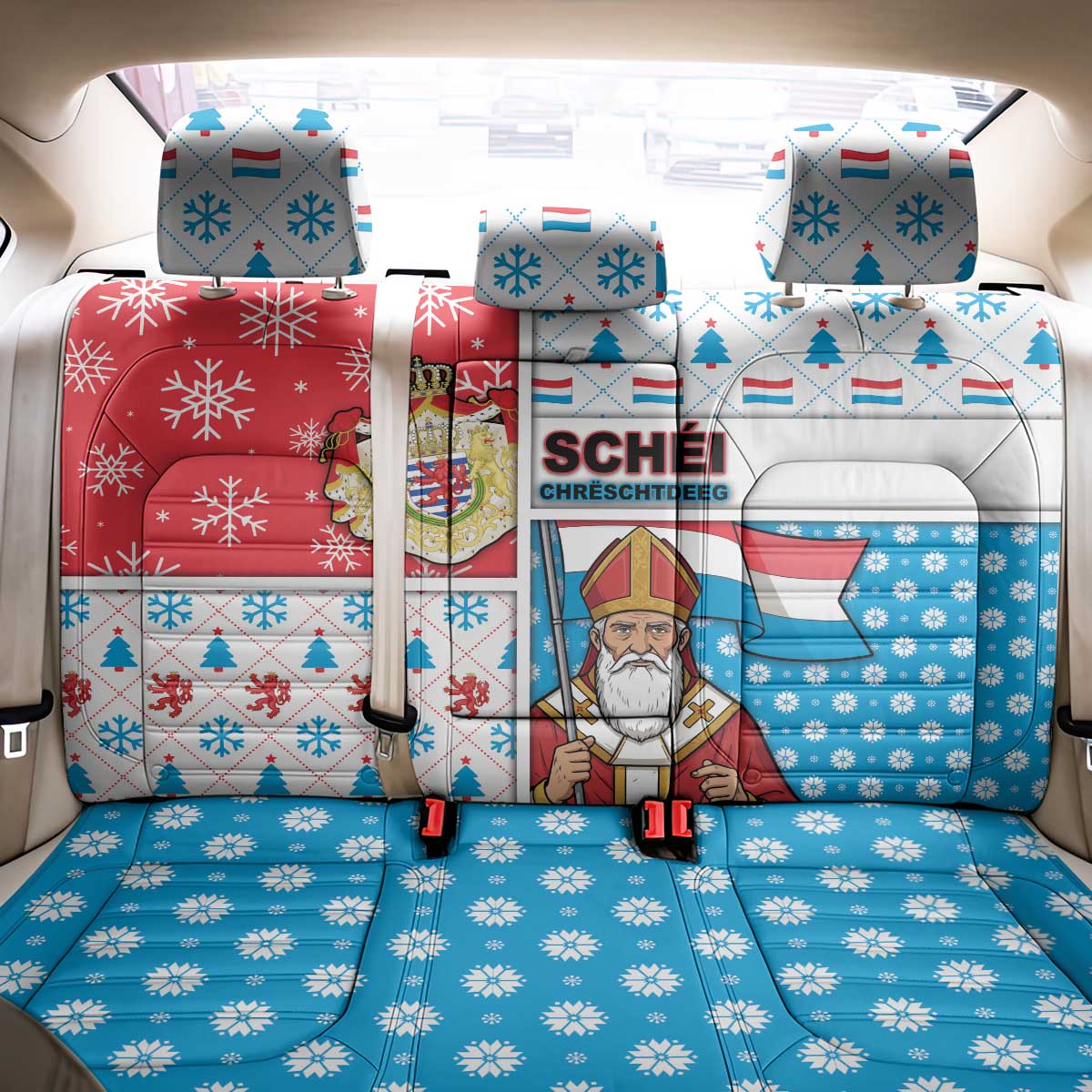 Luxembourg Christmas Back Car Seat Cover Kleeschen With Xmas Patterns - Wonder Print Shop
