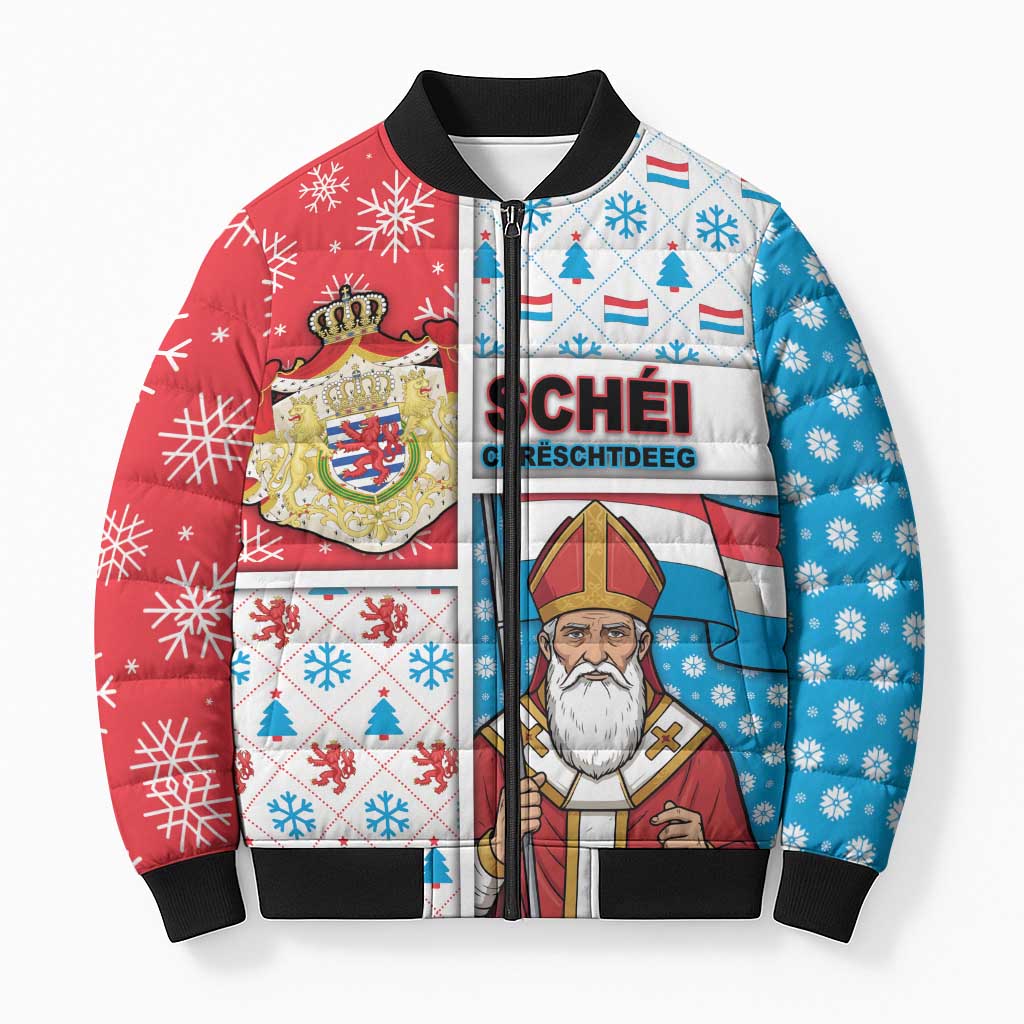 Luxembourg Christmas Bomber Puffer Jacket Kleeschen With Xmas Patterns - Wonder Print Shop