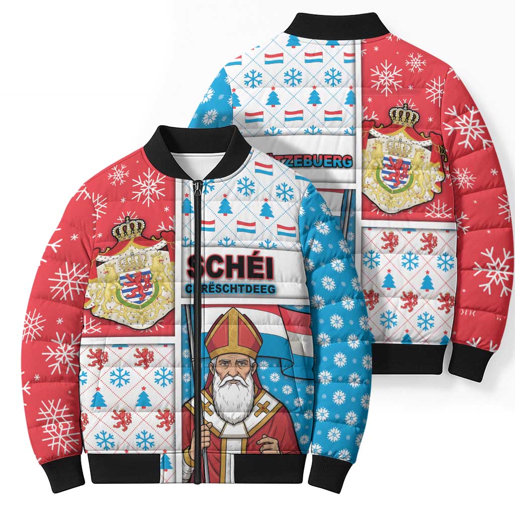 Luxembourg Christmas Bomber Puffer Jacket Kleeschen With Xmas Patterns - Wonder Print Shop