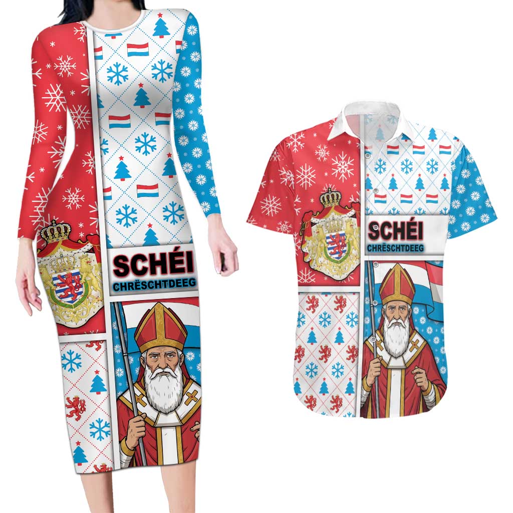 Luxembourg Christmas Couples Matching Long Sleeve Bodycon Dress and Hawaiian Shirt Kleeschen With Xmas Patterns - Wonder Print Shop