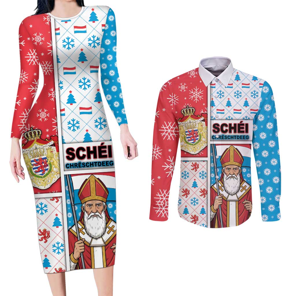 Luxembourg Christmas Couples Matching Long Sleeve Bodycon Dress and Long Sleeve Button Shirt Kleeschen With Xmas Patterns - Wonder Print Shop