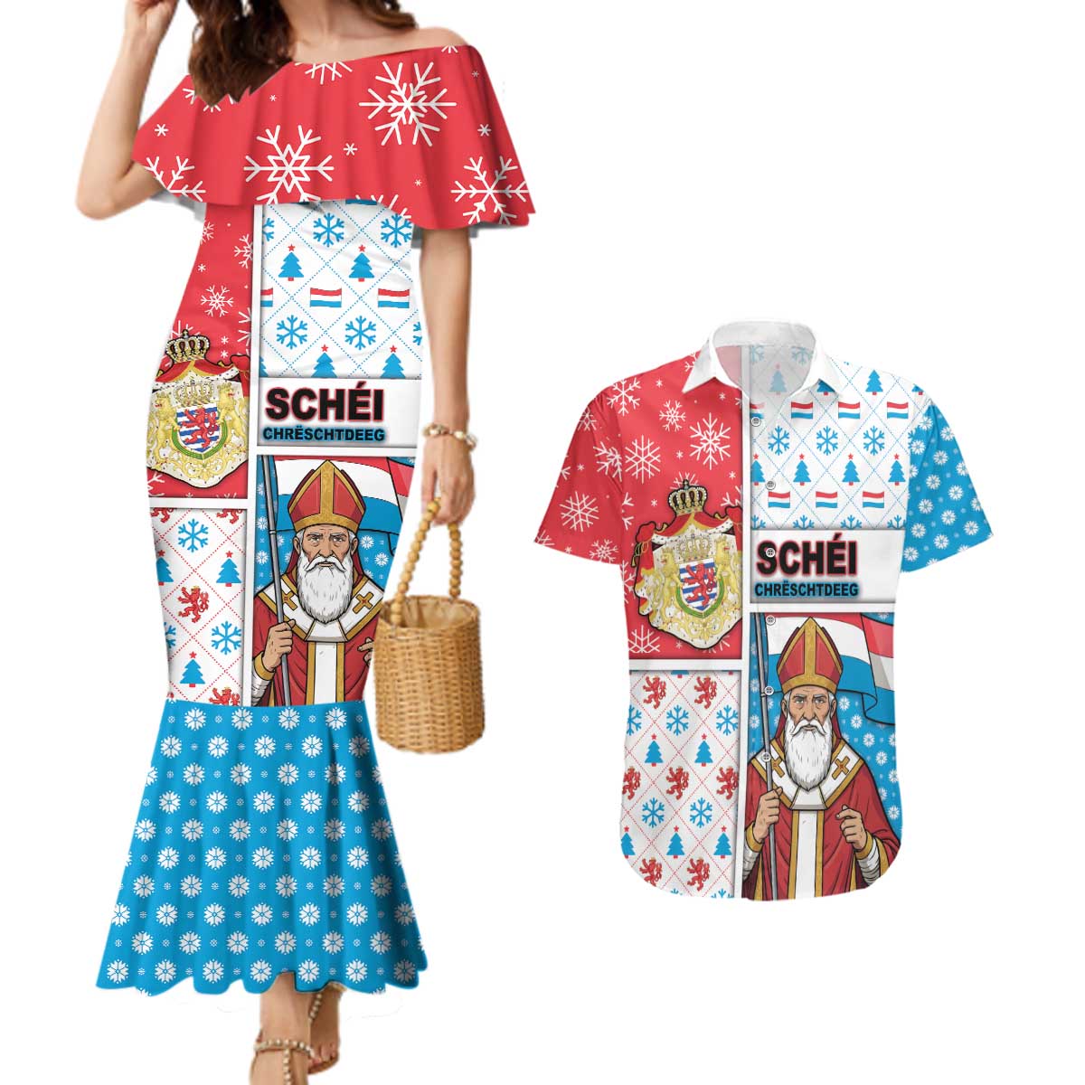 Luxembourg Christmas Couples Matching Mermaid Dress and Hawaiian Shirt Kleeschen With Xmas Patterns - Wonder Print Shop