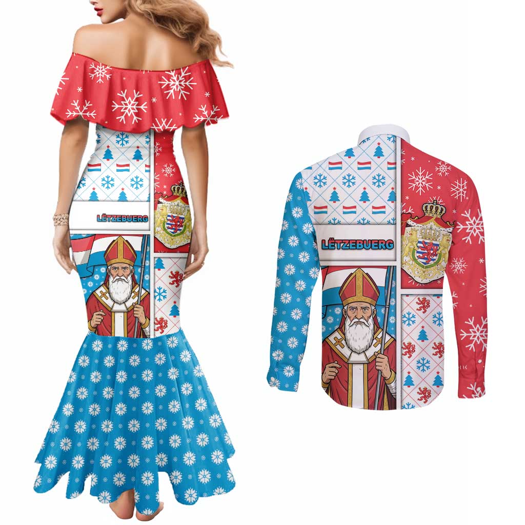 Luxembourg Christmas Couples Matching Mermaid Dress and Long Sleeve Button Shirt Kleeschen With Xmas Patterns - Wonder Print Shop