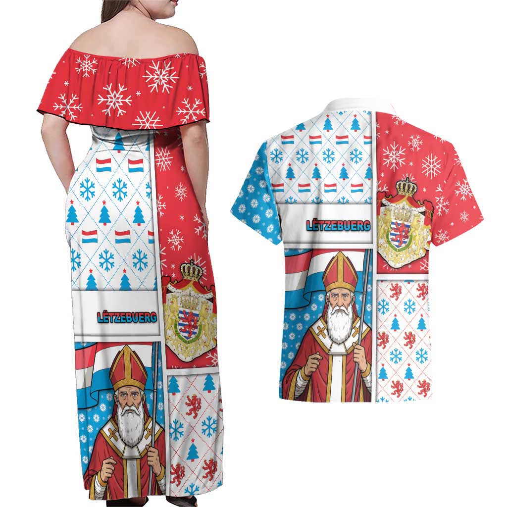 Luxembourg Christmas Couples Matching Off Shoulder Maxi Dress and Hawaiian Shirt Kleeschen With Xmas Patterns - Wonder Print Shop