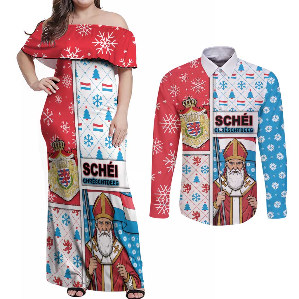 Luxembourg Christmas Couples Matching Off Shoulder Maxi Dress and Long Sleeve Button Shirt Kleeschen With Xmas Patterns - Wonder Print Shop