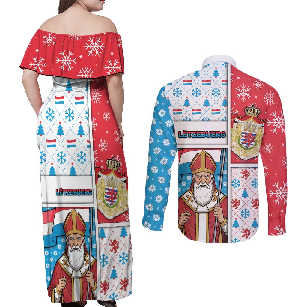 Luxembourg Christmas Couples Matching Off Shoulder Maxi Dress and Long Sleeve Button Shirt Kleeschen With Xmas Patterns - Wonder Print Shop