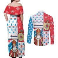 Luxembourg Christmas Couples Matching Off Shoulder Maxi Dress and Long Sleeve Button Shirt Kleeschen With Xmas Patterns - Wonder Print Shop