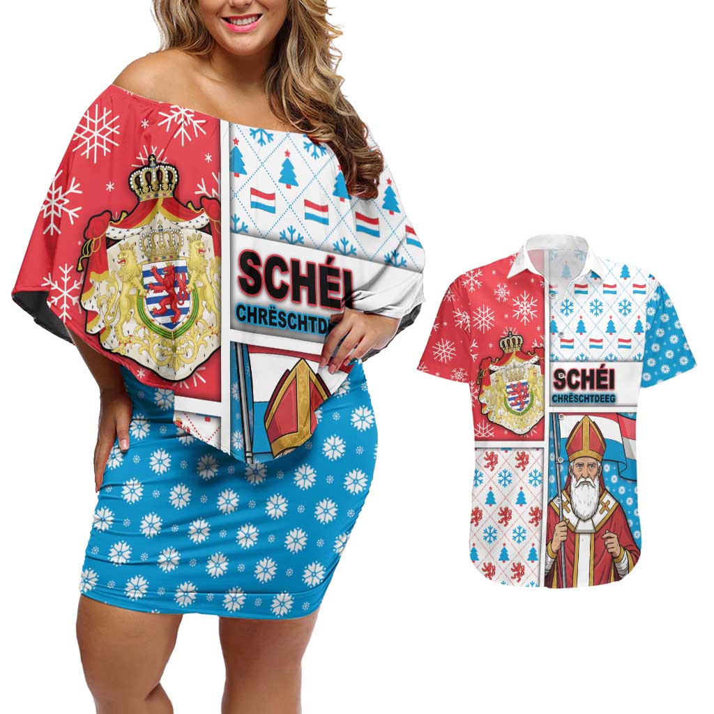 Luxembourg Christmas Couples Matching Off Shoulder Short Dress and Hawaiian Shirt Kleeschen With Xmas Patterns - Wonder Print Shop