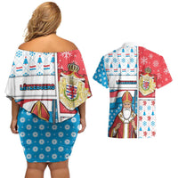 Luxembourg Christmas Couples Matching Off Shoulder Short Dress and Hawaiian Shirt Kleeschen With Xmas Patterns - Wonder Print Shop