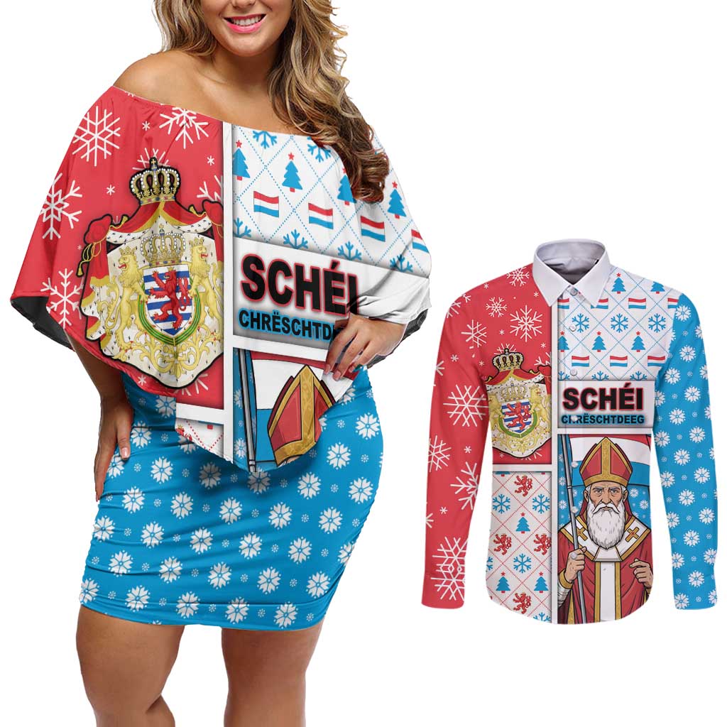 Luxembourg Christmas Couples Matching Off Shoulder Short Dress and Long Sleeve Button Shirt Kleeschen With Xmas Patterns - Wonder Print Shop