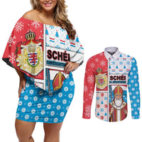 Luxembourg Christmas Couples Matching Off Shoulder Short Dress and Long Sleeve Button Shirt Kleeschen With Xmas Patterns - Wonder Print Shop