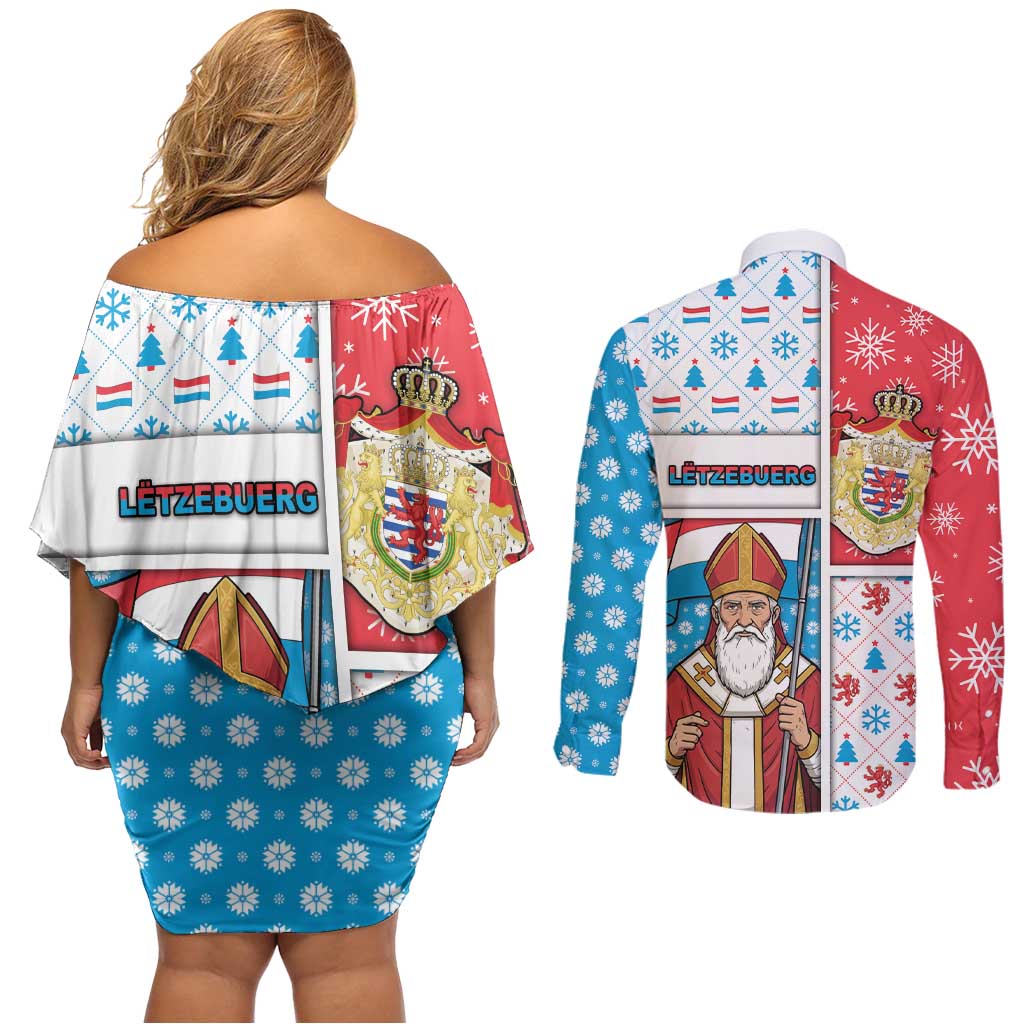 Luxembourg Christmas Couples Matching Off Shoulder Short Dress and Long Sleeve Button Shirt Kleeschen With Xmas Patterns - Wonder Print Shop