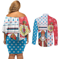 Luxembourg Christmas Couples Matching Off Shoulder Short Dress and Long Sleeve Button Shirt Kleeschen With Xmas Patterns - Wonder Print Shop