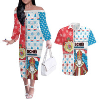 Luxembourg Christmas Couples Matching Off The Shoulder Long Sleeve Dress and Hawaiian Shirt Kleeschen With Xmas Patterns - Wonder Print Shop