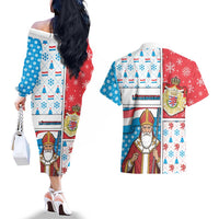 Luxembourg Christmas Couples Matching Off The Shoulder Long Sleeve Dress and Hawaiian Shirt Kleeschen With Xmas Patterns - Wonder Print Shop