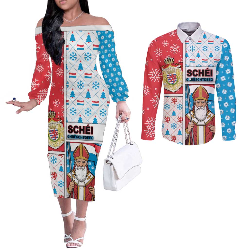 Luxembourg Christmas Couples Matching Off The Shoulder Long Sleeve Dress and Long Sleeve Button Shirt Kleeschen With Xmas Patterns - Wonder Print Shop