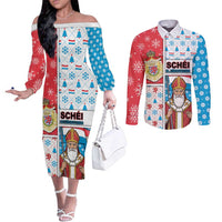 Luxembourg Christmas Couples Matching Off The Shoulder Long Sleeve Dress and Long Sleeve Button Shirt Kleeschen With Xmas Patterns - Wonder Print Shop