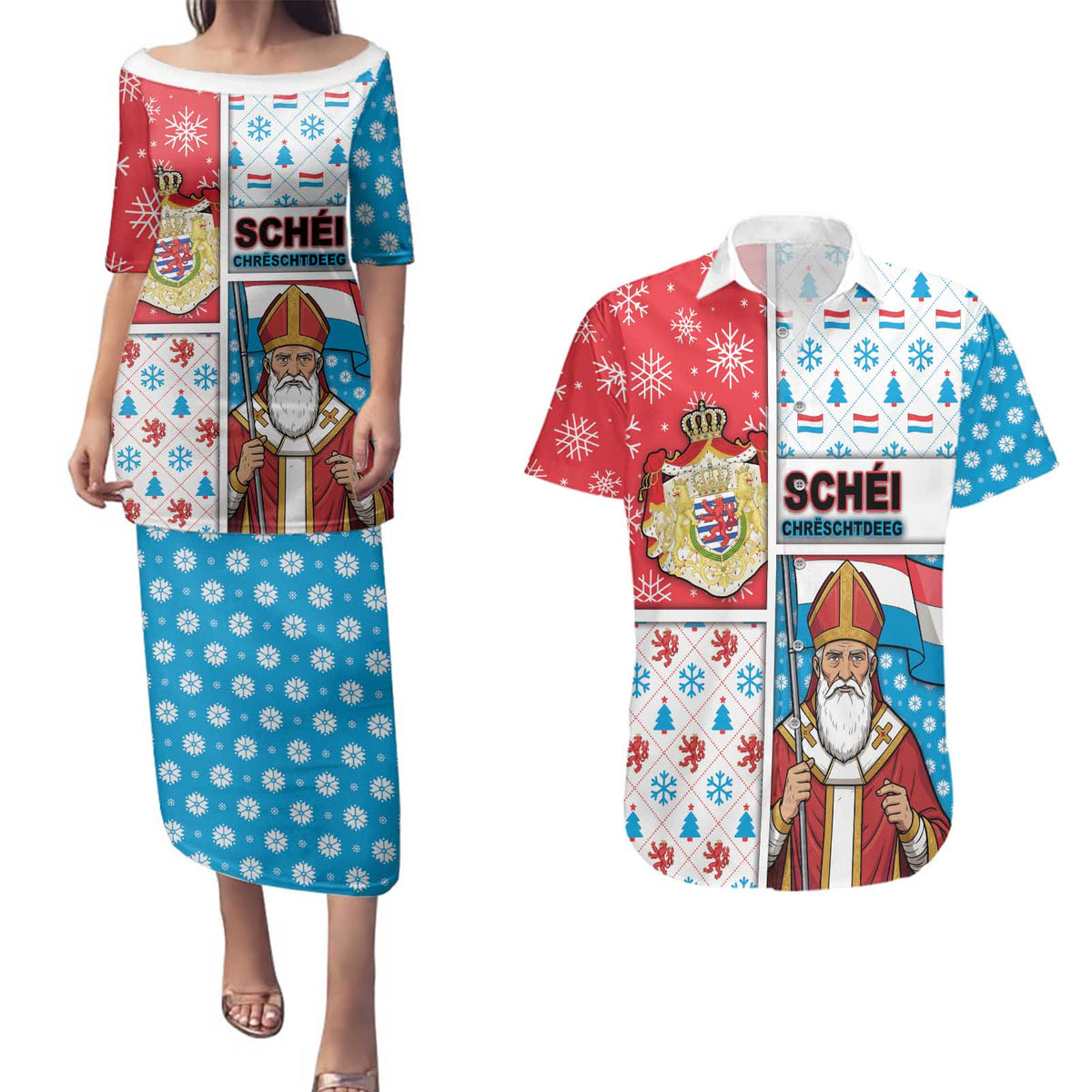 Luxembourg Christmas Couples Matching Puletasi and Hawaiian Shirt Kleeschen With Xmas Patterns - Wonder Print Shop