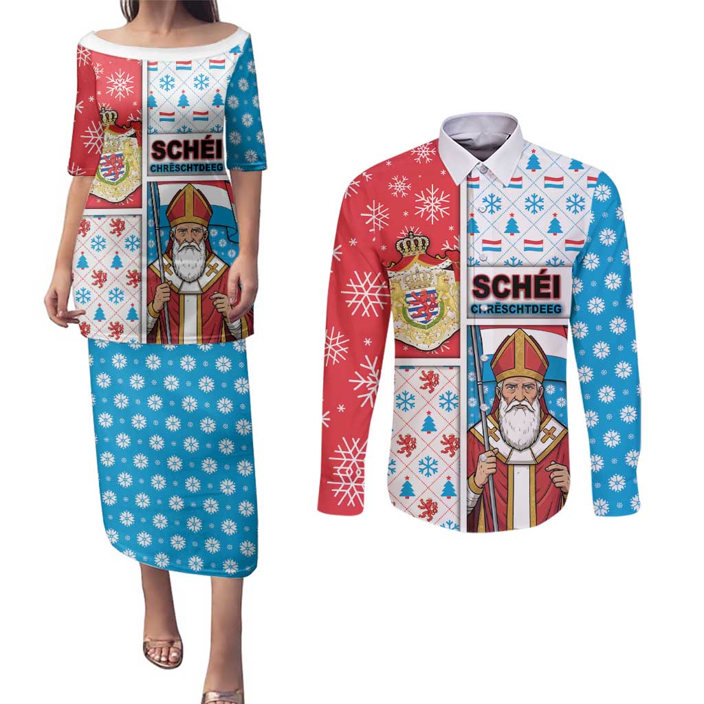 Luxembourg Christmas Couples Matching Puletasi and Long Sleeve Button Shirt Kleeschen With Xmas Patterns - Wonder Print Shop